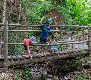 Kinder spielen am Waldbach auf einer Brücke